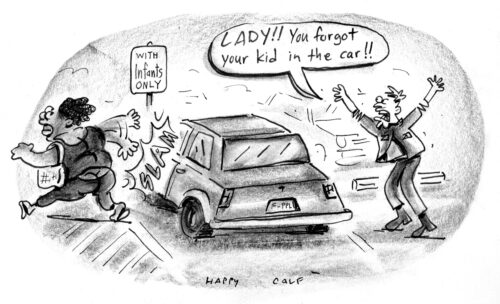 infant parking, cartoon, happycalf, keithallyn